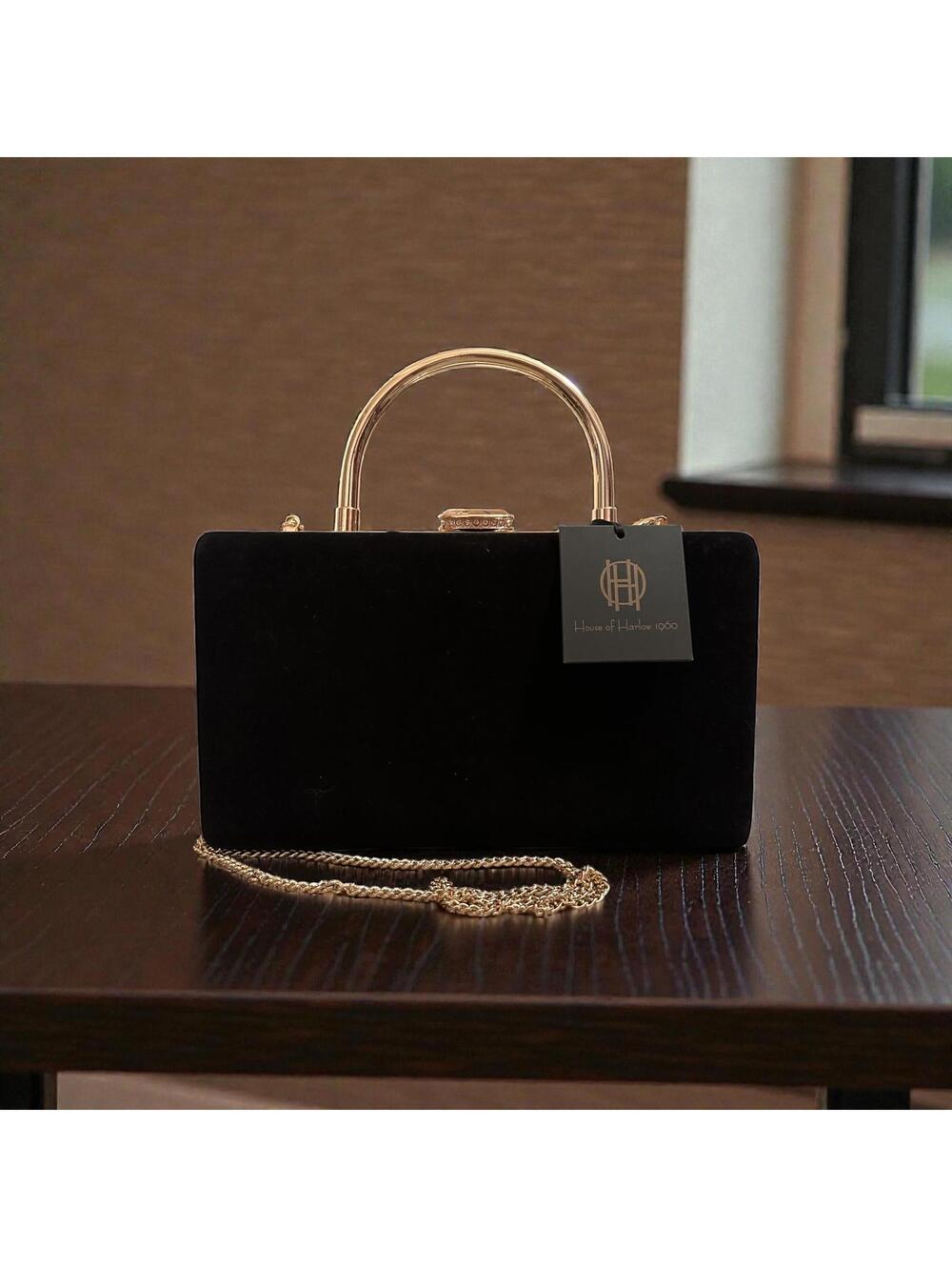 House of Harlow 1960 Black Velvet Handbag Gold Handle NWT